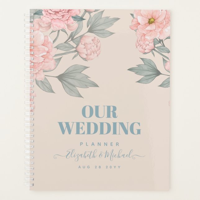 Peach Peonies Sage Floral Budget Wedding Planner (Front)