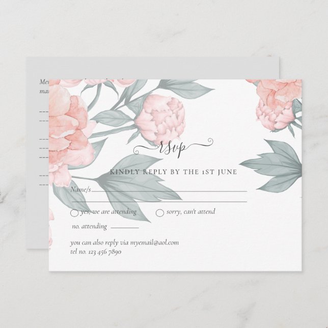 Peach Peonies Sage Floral Budget Wedding RSVP Postcard (Front/Back)