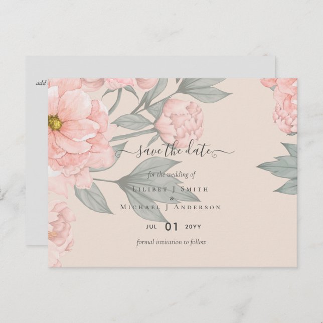 Peach Peonies Sage Floral Wedding Save Dates Postcard (Front/Back)