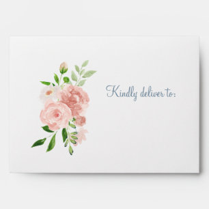 Peach peonies watercolor monogrammed wedding envelope