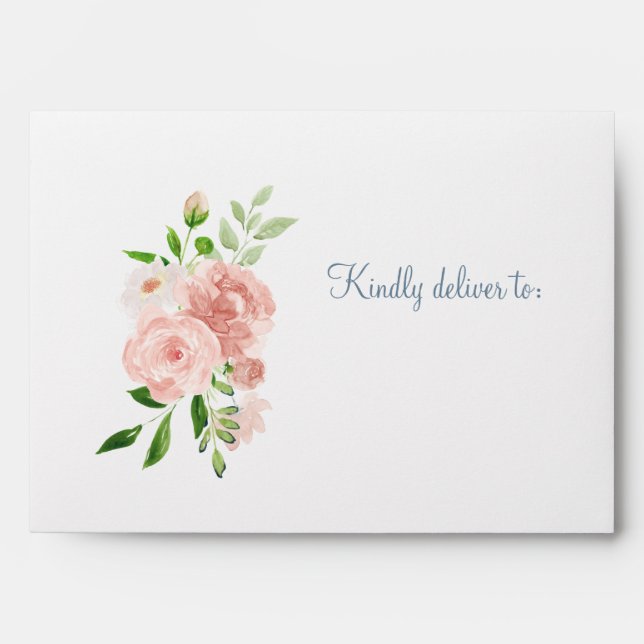Peach peonies watercolor monogrammed wedding envelope (Front)