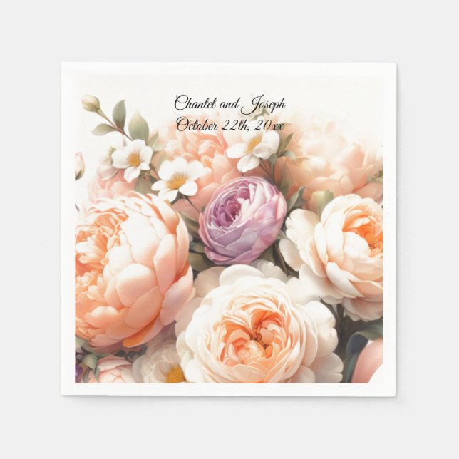 Peach Peony and Roses Wedding Paper Napkins (Front)