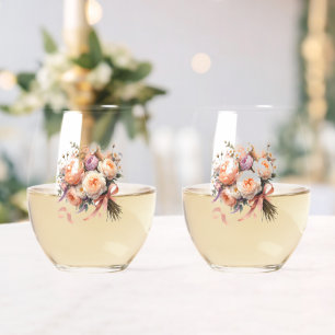 Peach Peony Bouquet Stemless Wine Glass
