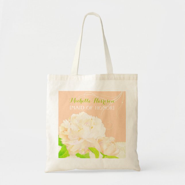 Peach Peony Bridesmaids or Maid of Honour Gift Tote Bag (Front)