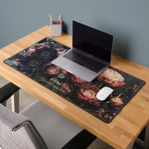 Peach Peony Dark Dahlia Moody Gothic Botanical Desk Mat