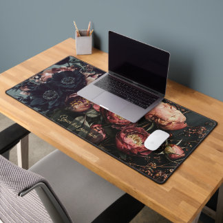 Peach Peony Dark Dahlia Moody Gothic Botanical Desk Mat