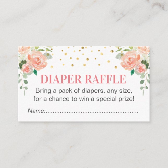 Peach Peony Diaper Raffle Ticket Girl Baby Shower Enclosure Card (Front)
