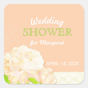Peach Peony Floral Bridal Shower Square Sticker