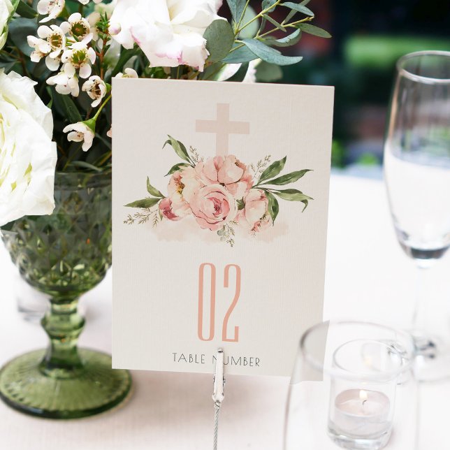 Peach Peony Floral Cross Bunch Baptism Welcome Table Number (Creator Uploaded)