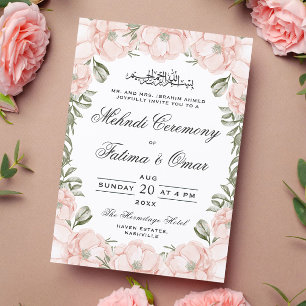 Peach Peony Floral Frame Islamic Mehndi Ceremony Invitation
