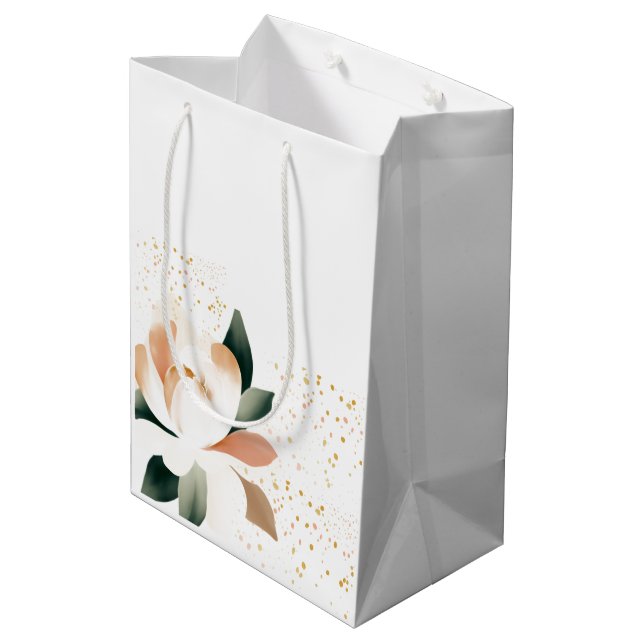 Peach Peony Flowers and Speckled Dots Medium Gift Bag (Back Angled)