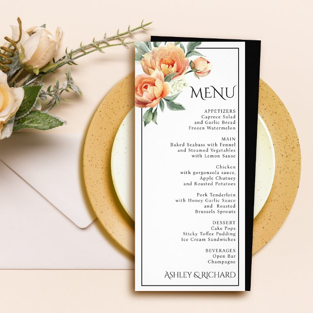 Peach peony flowers floral wedding menu card (Creator Uploaded)