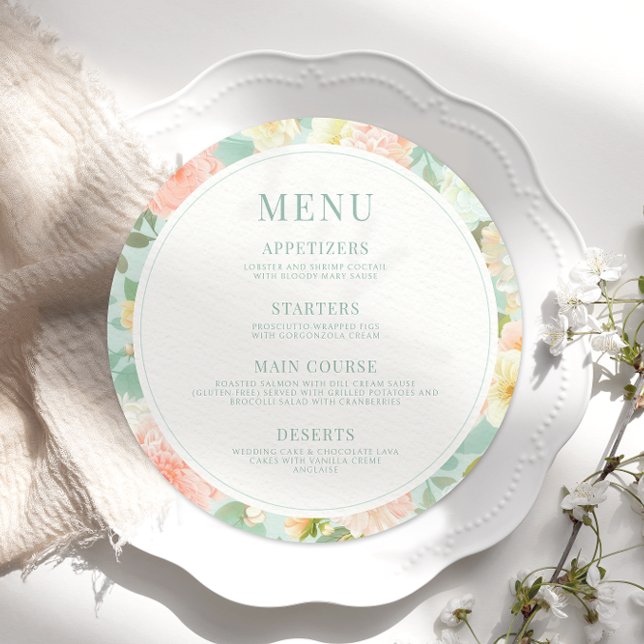 Peach Peony Flowers Mint Wedding Round Flat Menu (Creator Uploaded)