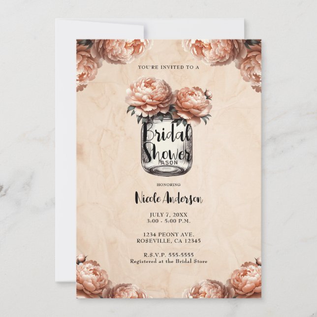 Peach Peony Mason Jar Rustic Bridal Shower  Invitation (Front)