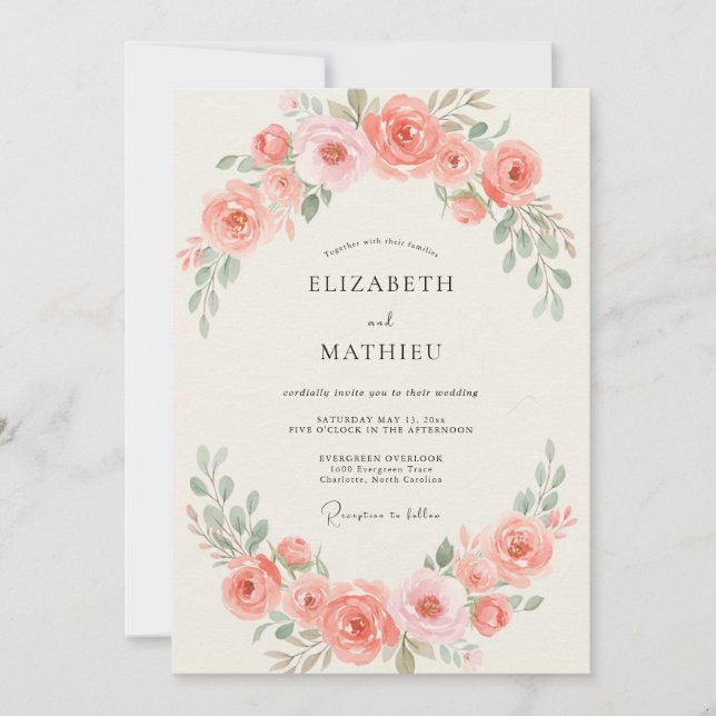 Peach Peony Wreath Wedding Invitation (Front)