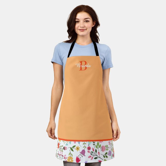 Peach Personalised Floral Colourful Wild Flowers Apron (Worn)