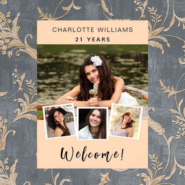 Peach photo collage birthday party welcome poster (Creator Uploaded)