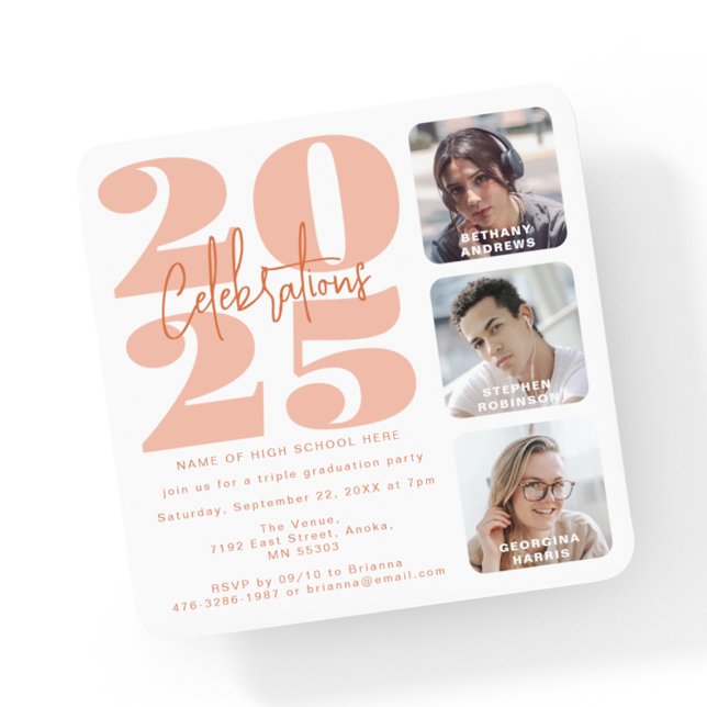 Peach Photo Triple Graduation Invitation (Creator Uploaded)