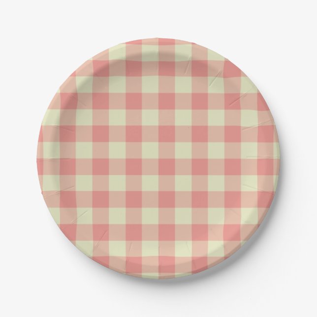 Peach Pink and Cream Gingham Pattern Paper Plate (Front)