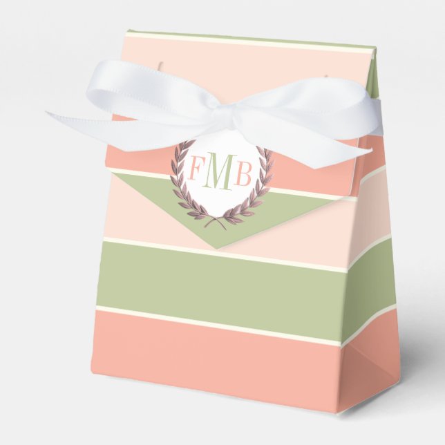 Peach pink and green stripes and initials wedding favour box (Front Side)