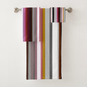 Peach, pink and Grey Abstract Stripes Bath Towel Set