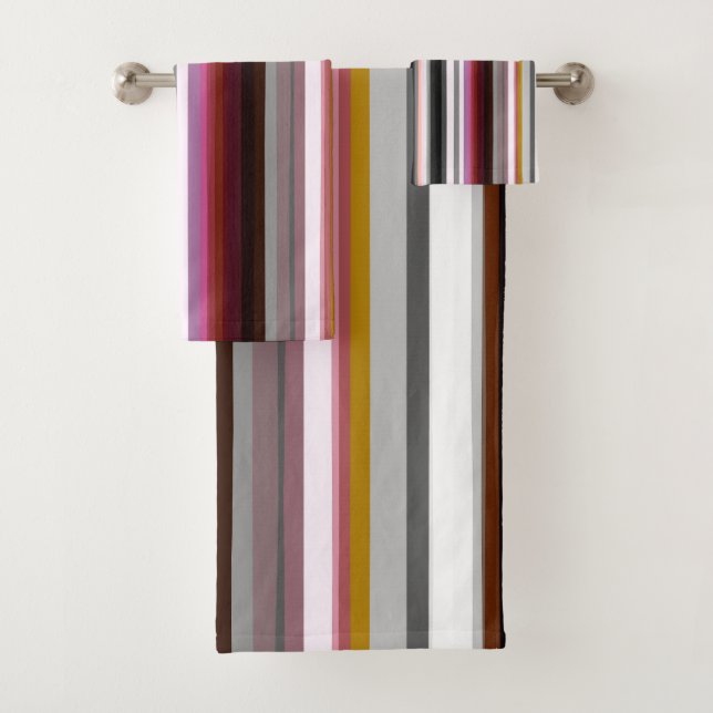 Peach, pink and Grey Abstract Stripes Bath Towel Set (Insitu)