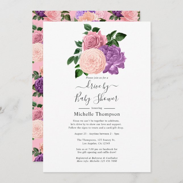 Peach Pink and Lavender Purple Drive By Shower Invitation (Front/Back)