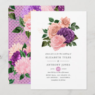 Peach Pink and Lavender Purple Floral Wedding Invitation