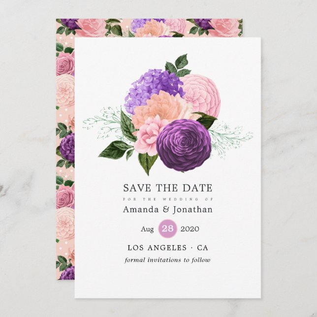 Peach Pink and Lavender Purple Floral Wedding Save The Date (Front/Back)