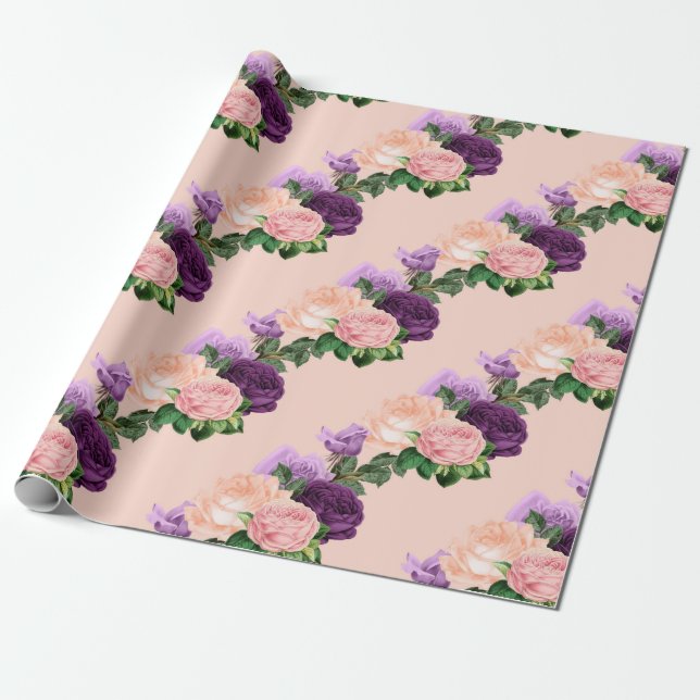 Peach Pink and Lavender Purple Floral Wrapping Paper (Unrolled)
