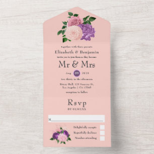 Peach Pink and Purple Floral Wedding All In One In Invitation