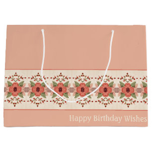 Peach Pink And Rusty Red Floral Large Gift Bag