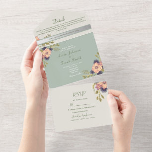 Peach Pink and Sage Green Wedding All In One Invitation