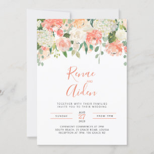Peach Pink and white floral wedding invitation