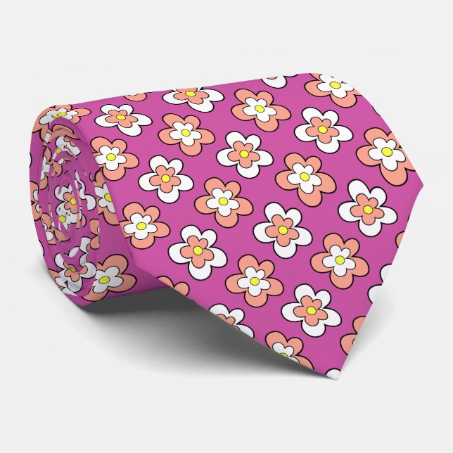 Peach Pink and White Flowers on Purple Tie (Rolled)