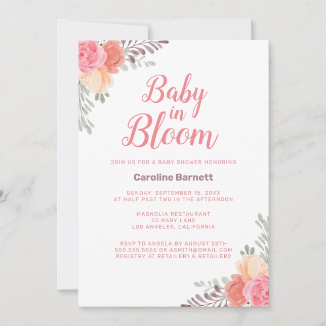 Peach Pink Baby in Bloom Baby Shower Invitation (Front)