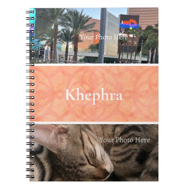 Peach Pink Batik Photo Collage, Border, Name Notebook (Front)