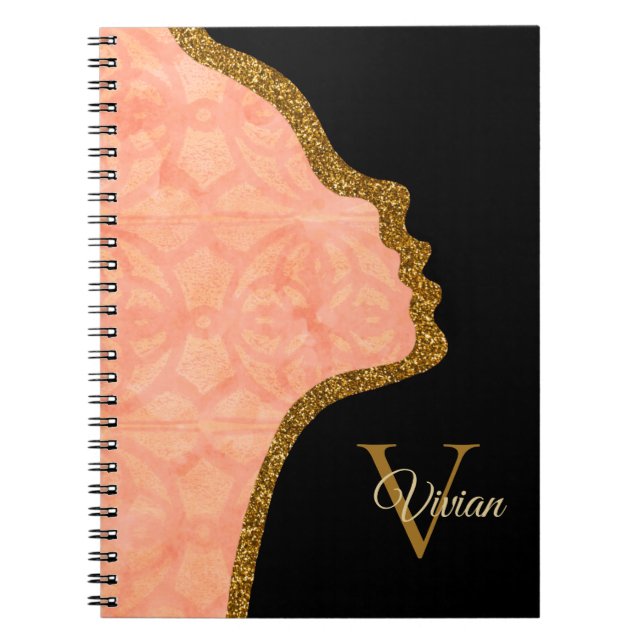 Peach Pink Black And Gold Glitter Face Notebook (Front)