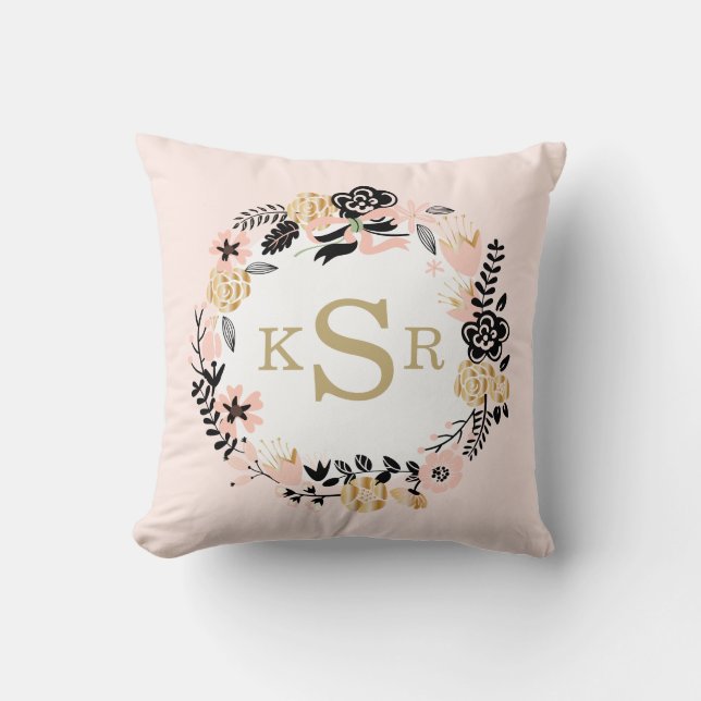 Peach Pink Black Gold Floral Wreath Monogrammed Cushion (Front)