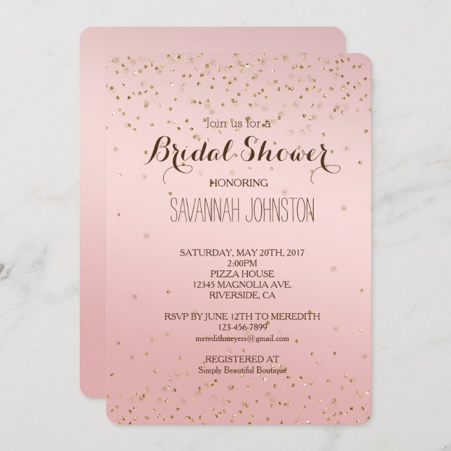 Peach Pink Blush Gold Glitz Confetti bridal   Invitation (Front/Back)