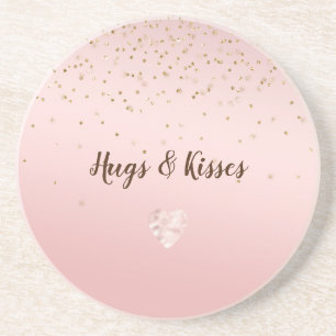 Peach Pink Blush Gold Glitz Confetti Sparkle Heart Coaster