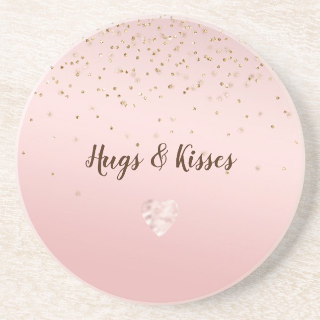 Peach Pink Blush Gold Glitz Confetti Sparkle Heart Coaster (Front)