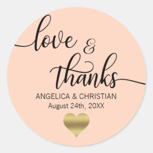 PEACH PINK Blush Gold LOVE & THANKS Wedding Classic Round Sticker