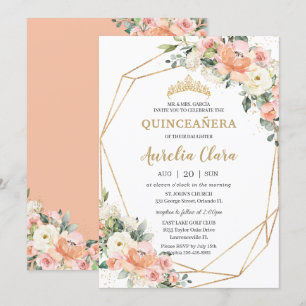 Peach Pink Blush Ivory Floral 15th Quinceañera Invitation
