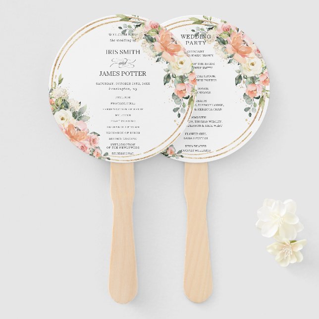 Peach Pink Blush Ivory Floral Gold Wedding Program Hand Fan (Front and Back)