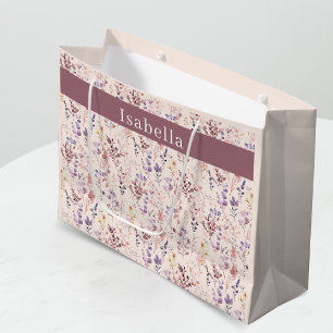 Peach Pink Boho Watercolor Wildflower Name Large Gift Bag