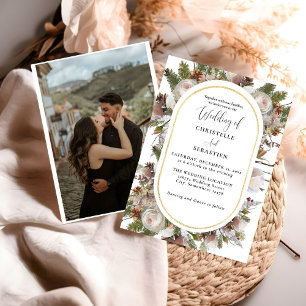 Peach Pink Boho Watercolor Winter Floral Wedding Invitation