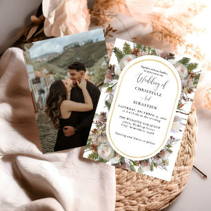Peach Pink Boho Watercolor Winter Floral Wedding Invitation