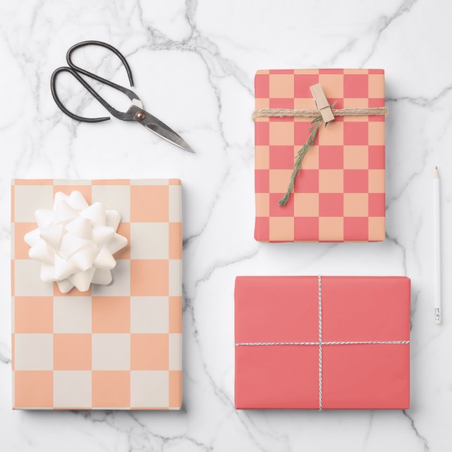 Peach Pink Chequered Patterns Wrapping Paper Sheet (Front)