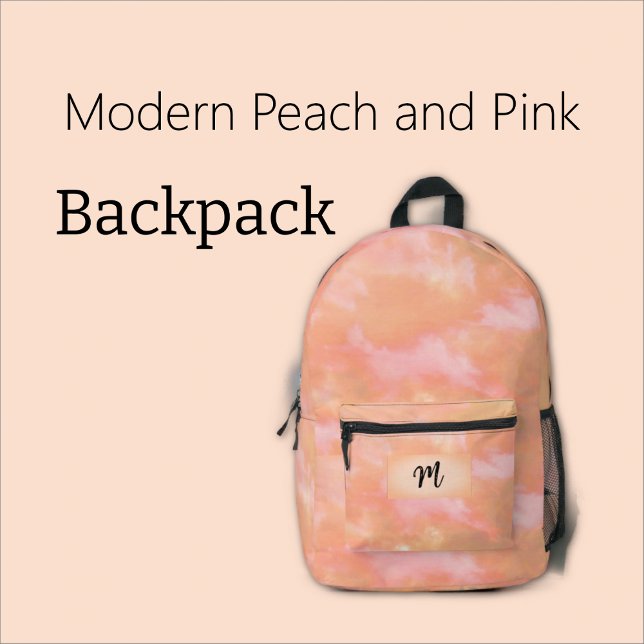 Peach & Pink Clouds Initial letter "M" in pocket Printed Backpack (Clouds in peach and pink. Beautiful and modern backpack design.)
